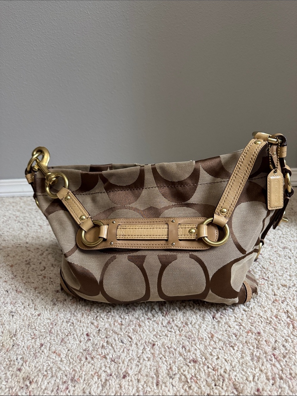 Coach Brown Signature Canvas Shoulder Bag with Tan Leather Trim